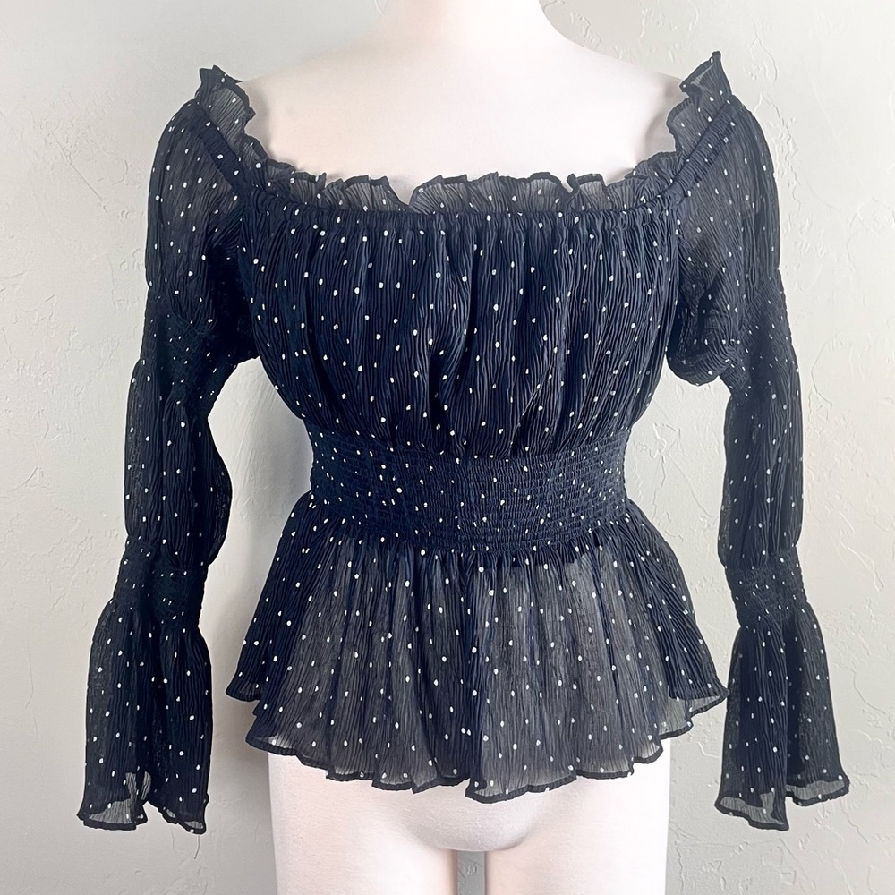 Endless Rose Sheer Black White Polka Dot Smocked Top